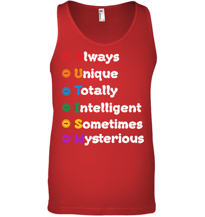 Always Unique Totally Intelligent Sometimes Mysterious Autism Awareness Shirt Canvas Unisex Ringspun Tank Red