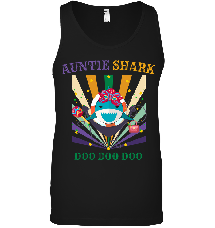 Auntie Shark Doo Doo Doo Happy Mardi Gars Family Shirt Canvas Unisex Ringspun Tank Black