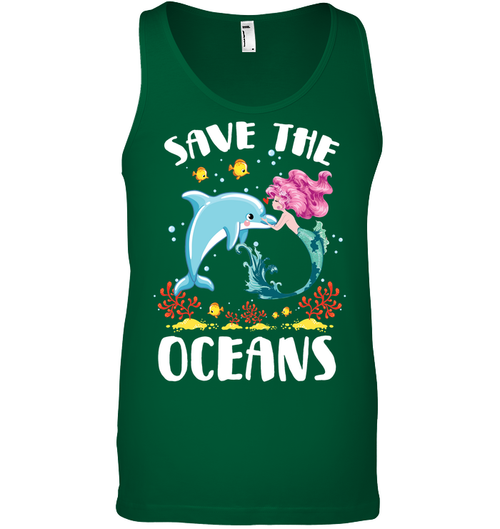 Save The Ocean Dolphin And Mermaid Shirt Canvas Unisex Ringspun Tank Kelly Green