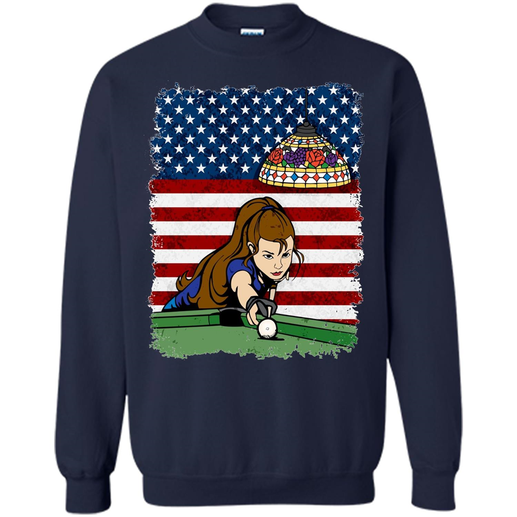 Female Pool Player on American Flag Patriotic T-shirt Navy