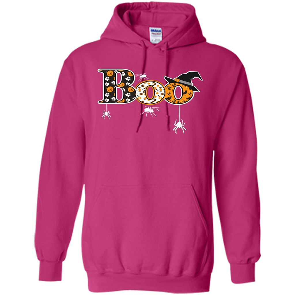 Boo Halloween T-Shirt With Spiders And Witch Hat Heliconia