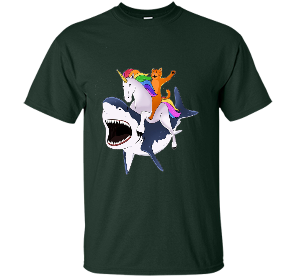 Cat Riding Unicorn Riding Shark T-shirt Forest Green