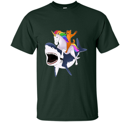 Cat Riding Unicorn Riding Shark T-shirt Forest Green