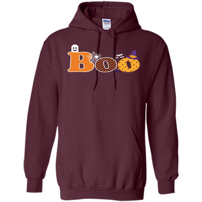 Boo Halloween T-Shirt With Ghost, Spider, Bat and Witch Hat Maroon