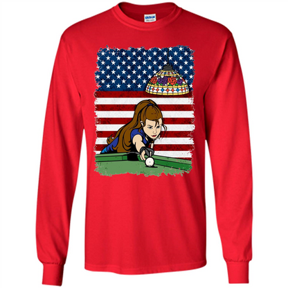 Female Pool Player on American Flag Patriotic T-shirt Red