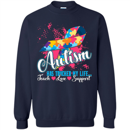 Autism Teacher T-shirts Autism Has Touched My Life Teach Love Support Navy