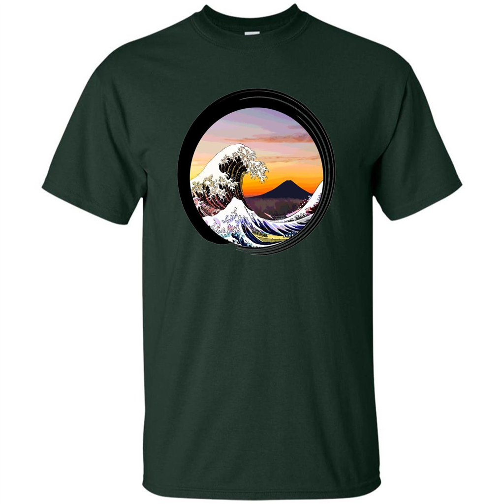 Classic Japanese Zen Art T-shirt, Kanagawa Great Wave Enso Forest Green