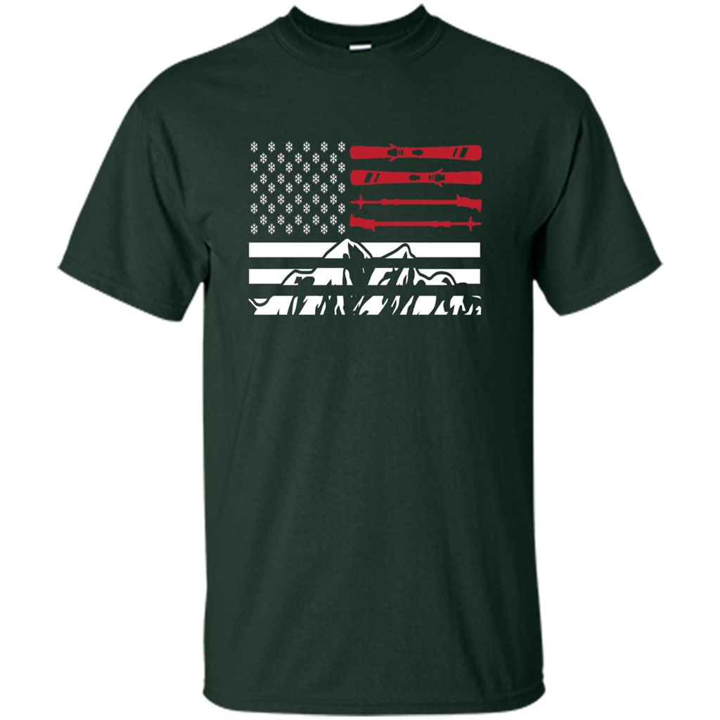 Skiing American Flag T-Shirt Forest Green