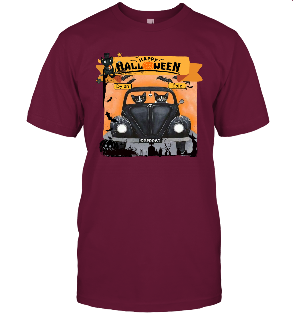 Happy Halloween Couple Cats Friends ( Customized Name ) T-Shirt T-Shirt Maroon