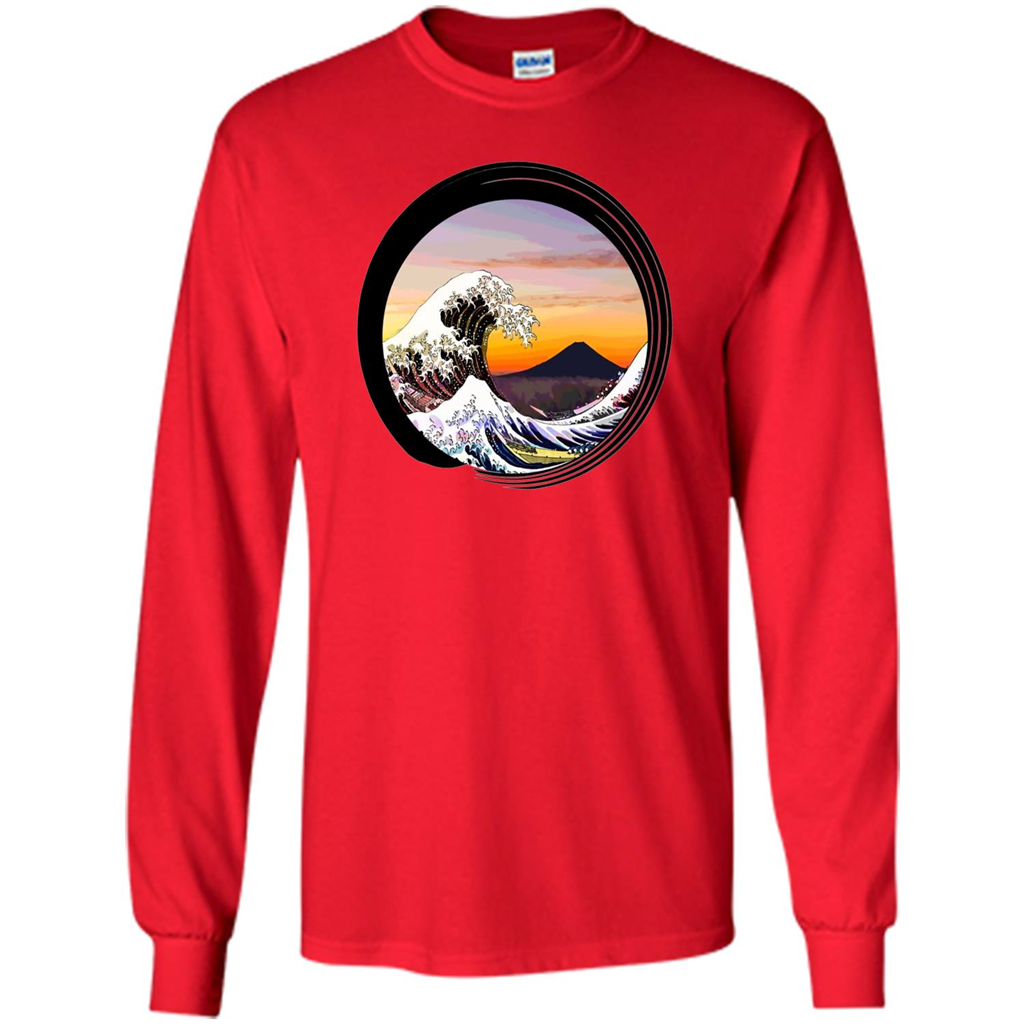 Classic Japanese Zen Art T-shirt, Kanagawa Great Wave Enso Red