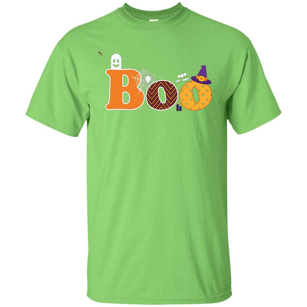 Boo Halloween T-Shirt With Ghost, Spider, Bat and Witch Hat Lime