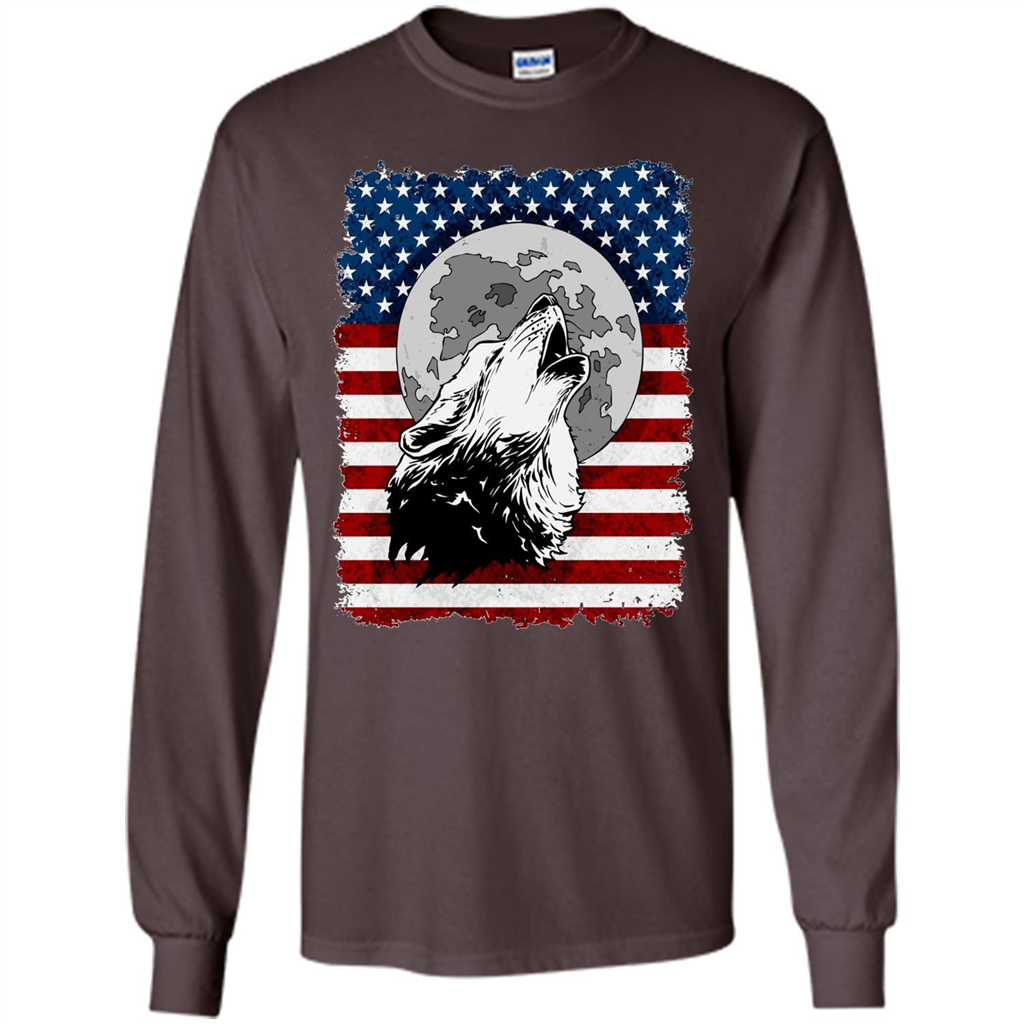 Howling Wolf On American Flag Patriotic T-shirt Dark Chocolate