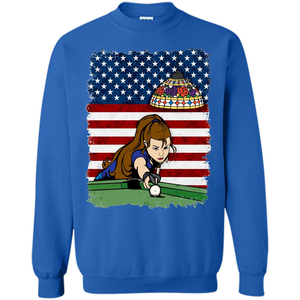Female Pool Player on American Flag Patriotic T-shirt Royal