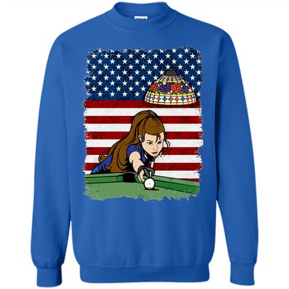 Female Pool Player on American Flag Patriotic T-shirt Royal