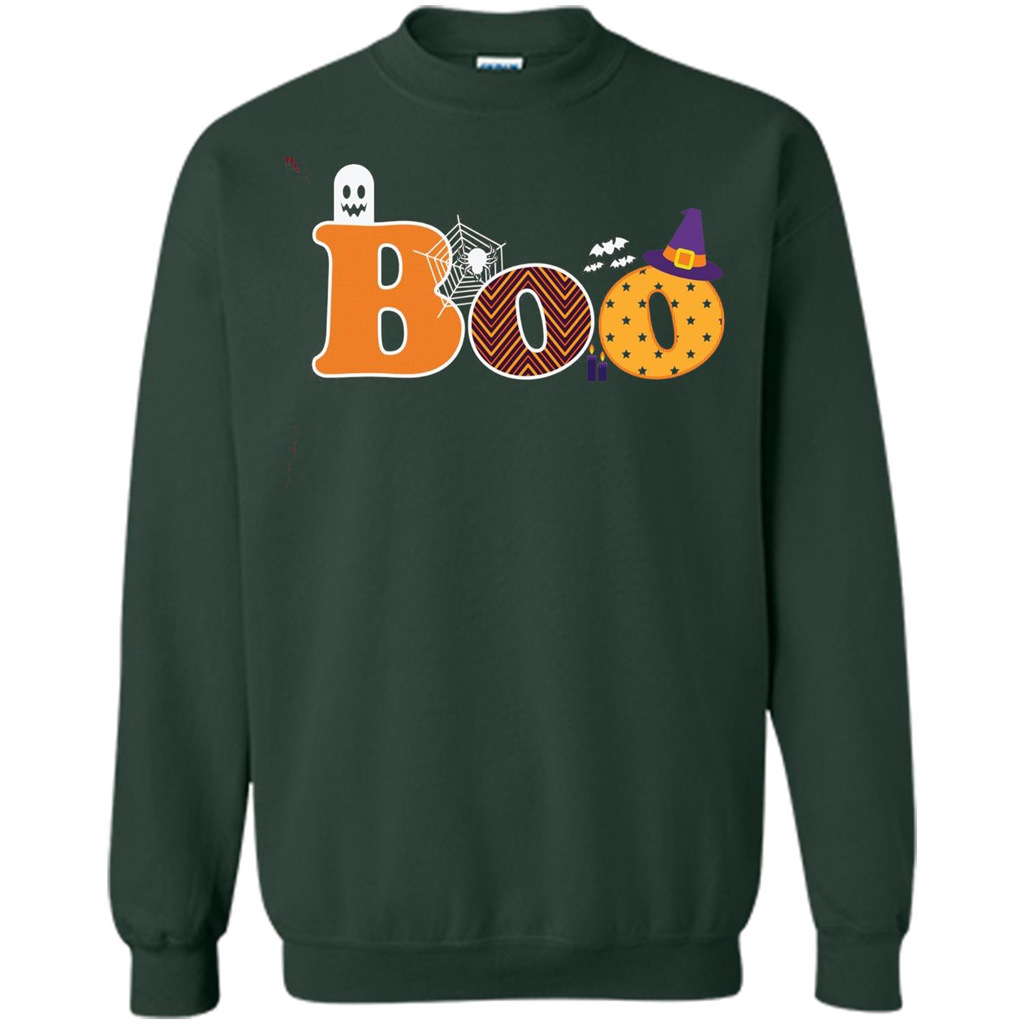 Boo Halloween T-Shirt With Ghost, Spider, Bat and Witch Hat Forest Green