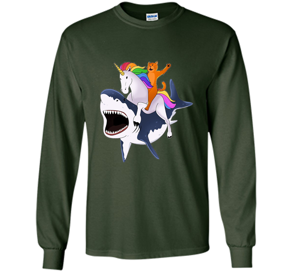 Cat Riding Unicorn Riding Shark T-shirt Forest Green