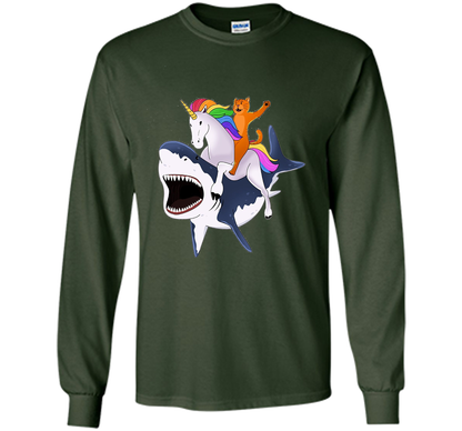 Cat Riding Unicorn Riding Shark T-shirt Forest Green