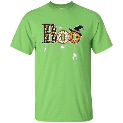 Boo Halloween T-Shirt With Spiders And Witch Hat Lime
