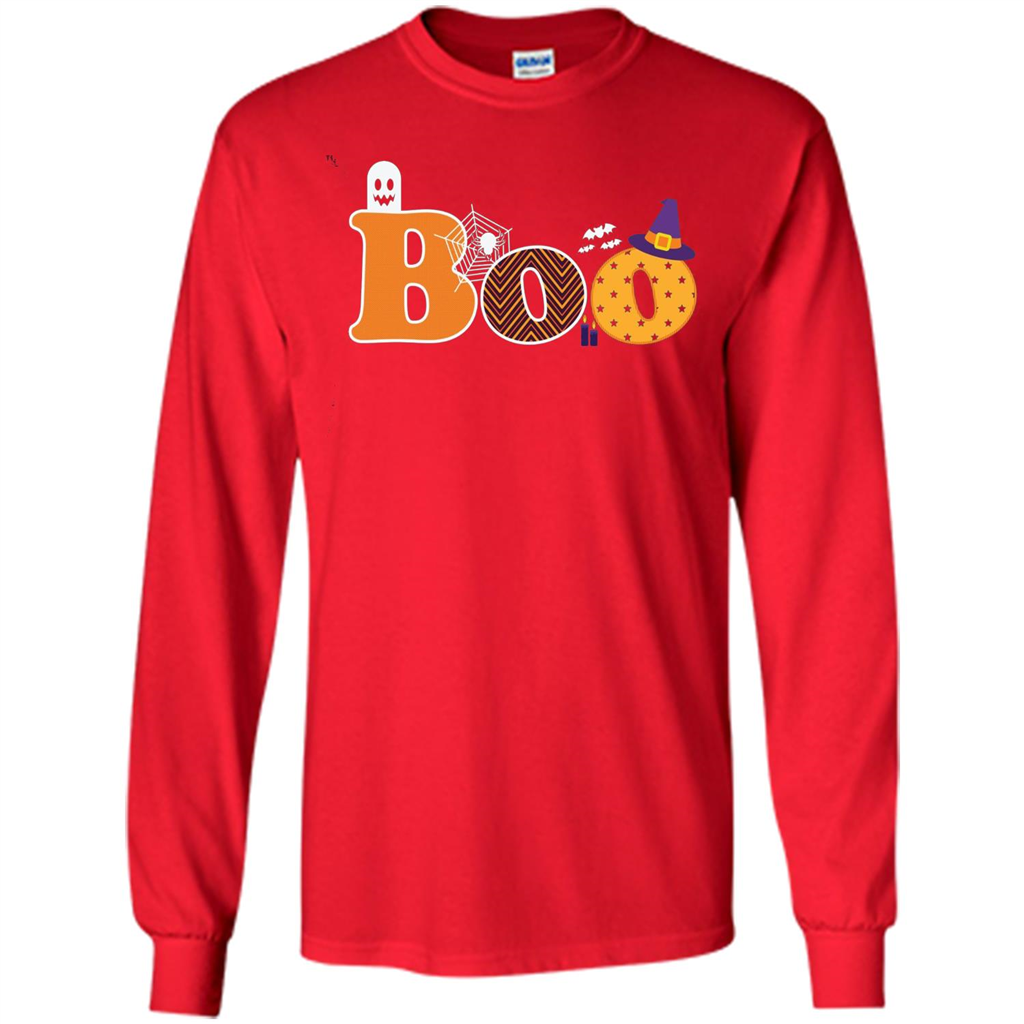 Boo Halloween T-Shirt With Ghost, Spider, Bat and Witch Hat Red