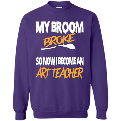Funny Halloween Art Teacher T-shirt Broom Broke Orange