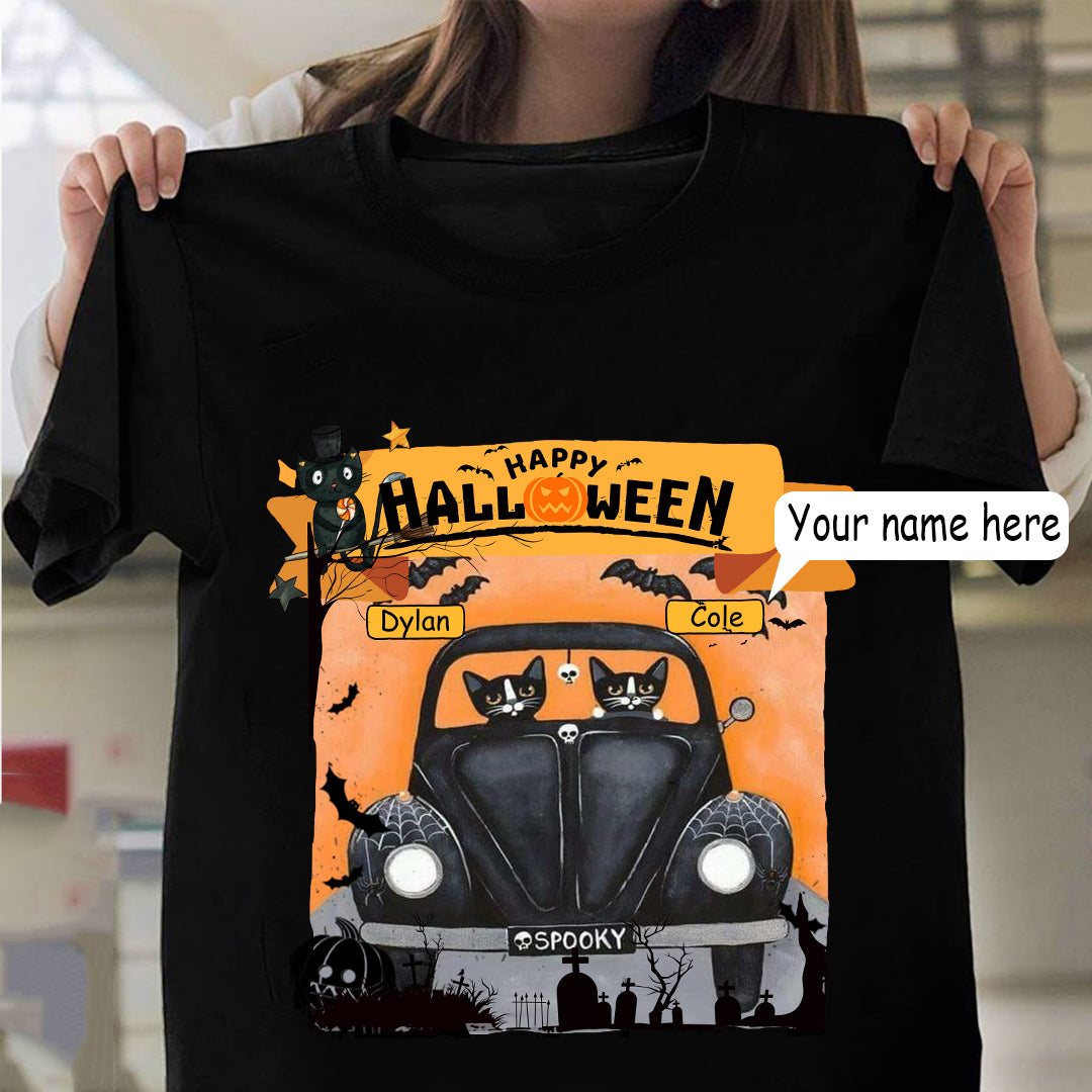Happy Halloween Couple Cats Friends ( Customized Name ) T-Shirt T-Shirt Black