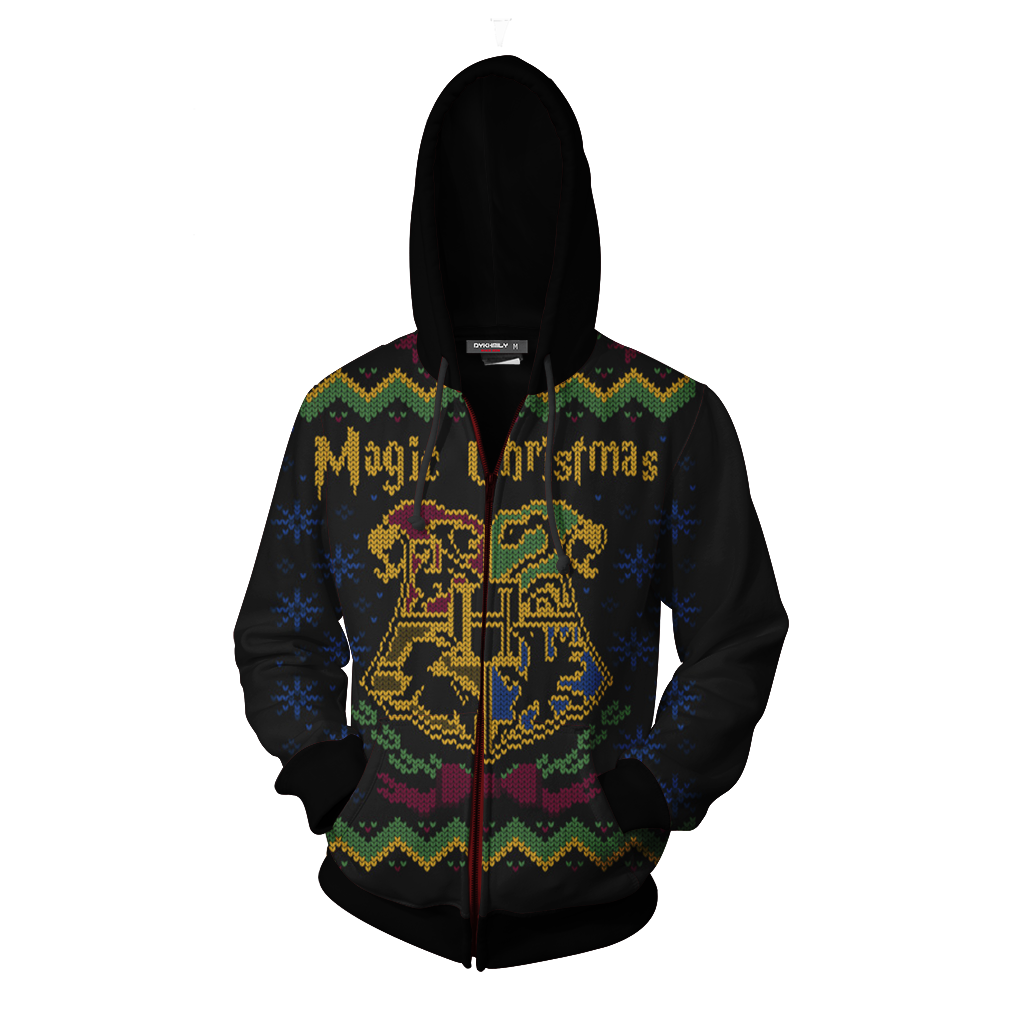 Magic Christmas Hogwarts Logo Harry Potter Ugly Christmas Zip Up Hoodie