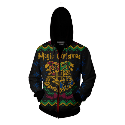 Magic Christmas Hogwarts Logo Harry Potter Ugly Christmas Zip Up Hoodie