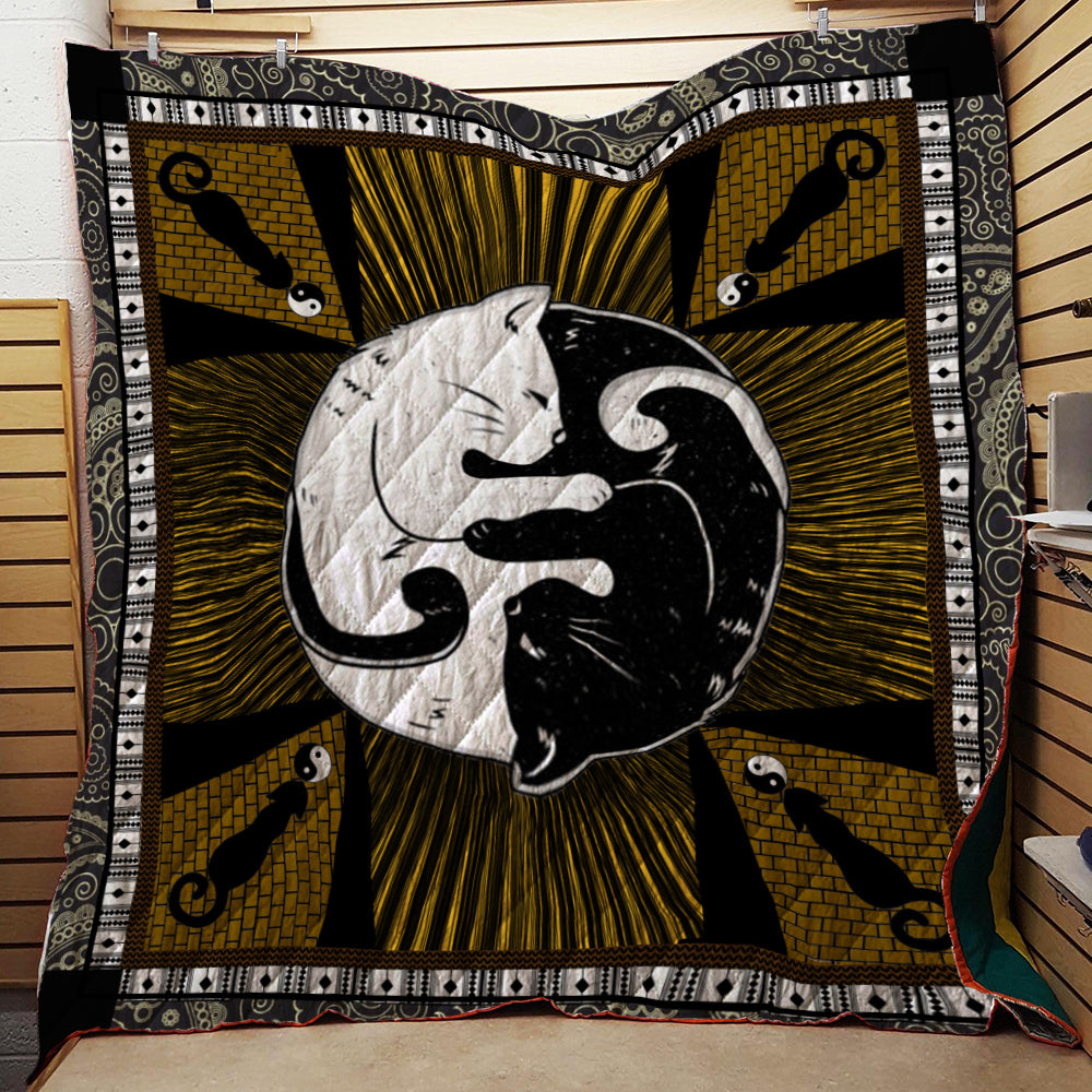 Black And White Silhouette Cats Yin Yang 3D Quilt Blanket Queen (203x228CM)