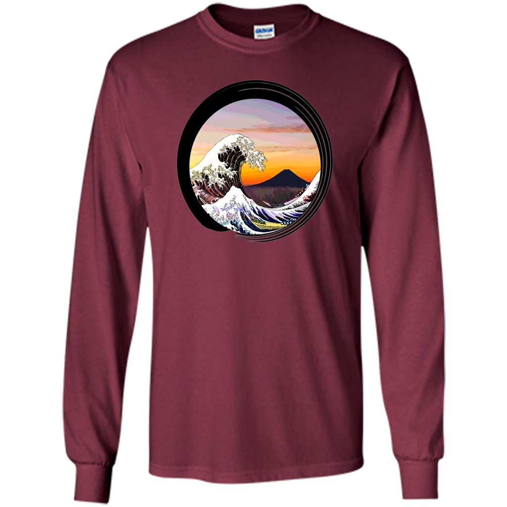 Classic Japanese Zen Art T-shirt, Kanagawa Great Wave Enso Maroon