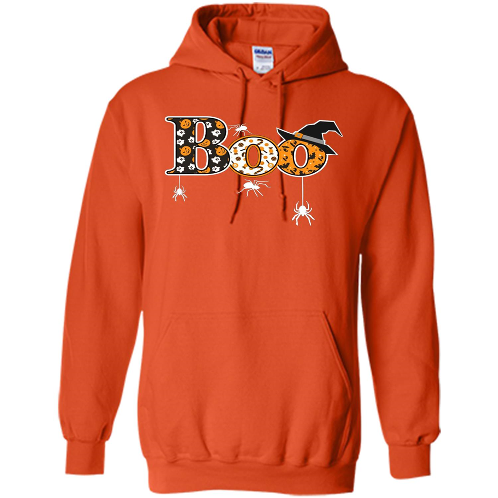 Boo Halloween T-Shirt With Spiders And Witch Hat Orange