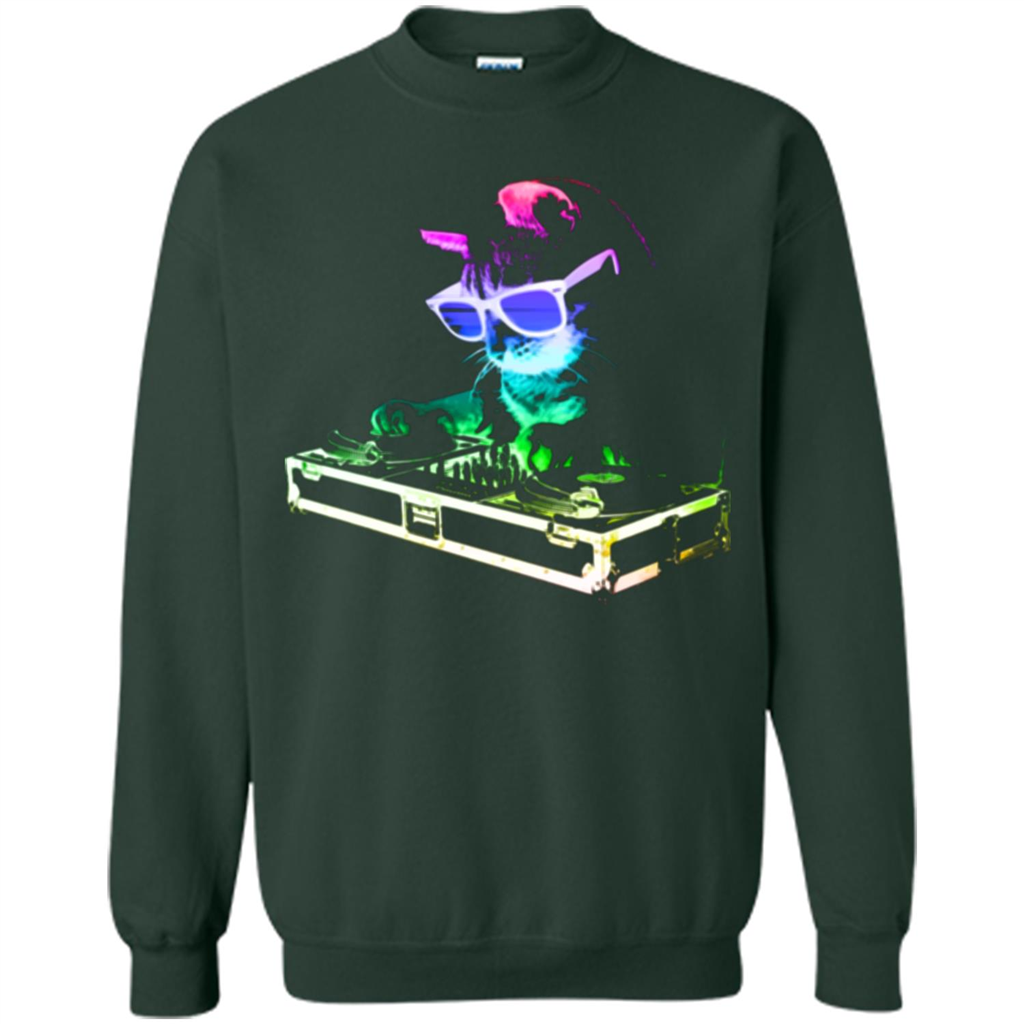 Cat Lover T-shirt House Cat Rainbow DJ Kitty Forest Green
