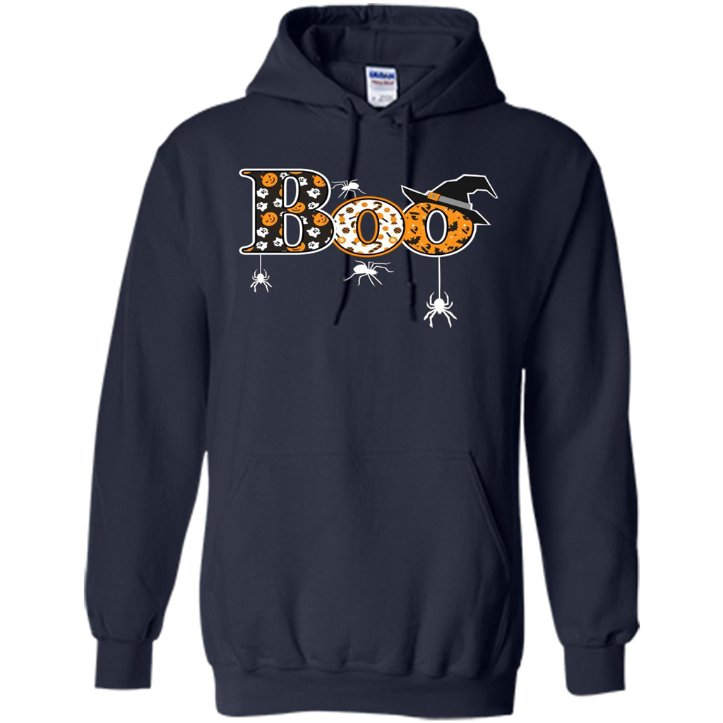 Boo Halloween T-Shirt With Spiders And Witch Hat Navy