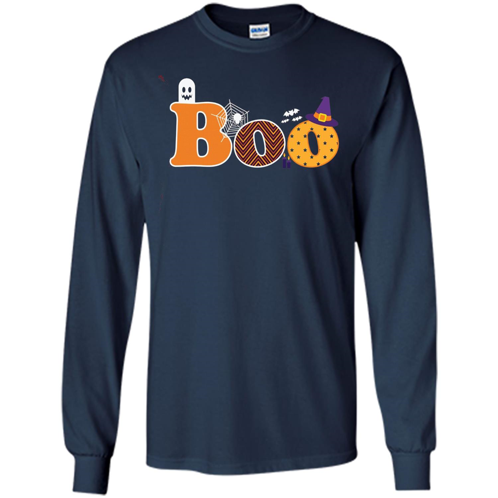 Boo Halloween T-Shirt With Ghost, Spider, Bat and Witch Hat Navy