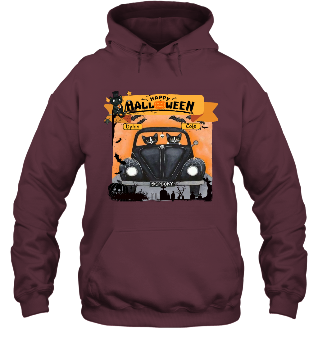 Happy Halloween Couple Cats Friends ( Customized Name ) Hoodie Hoodie Maroon