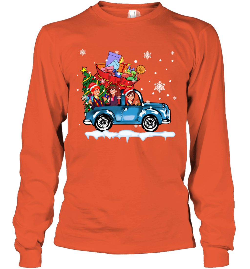 Harry Potter On The Car Merry Christmas Long Sleeve T-Shirt Long Sleeve T-Shirt Orange