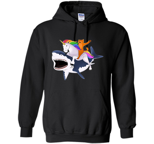 Cat Riding Unicorn Riding Shark T-shirt Black