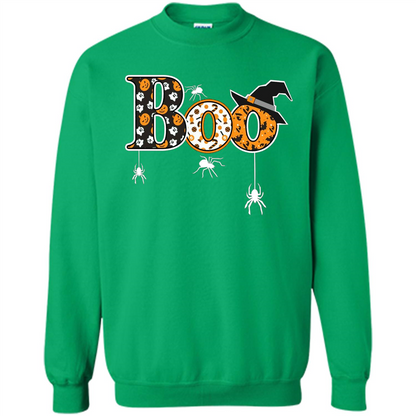 Boo Halloween T-Shirt With Spiders And Witch Hat Irish Green