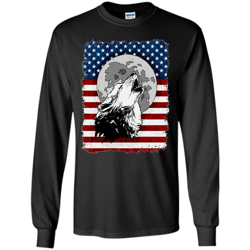 Howling Wolf On American Flag Patriotic T-shirt Black