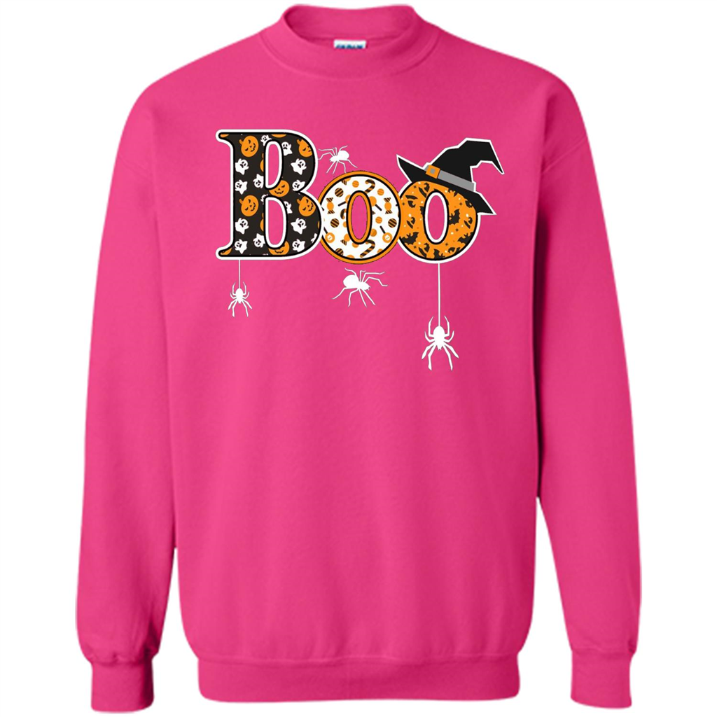 Boo Halloween T-Shirt With Spiders And Witch Hat Heliconia