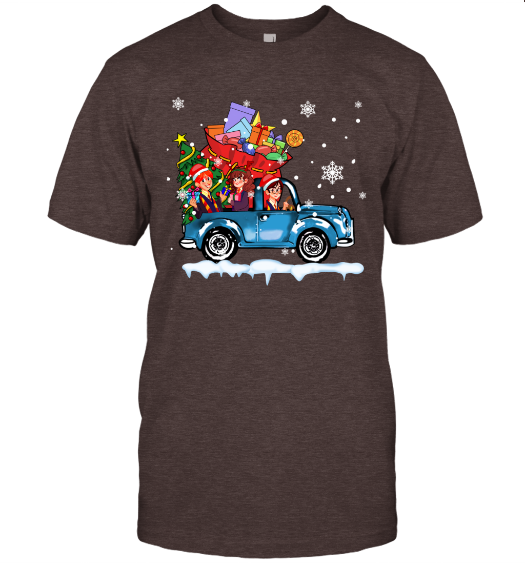 Harry Potter On The Car Merry Christmas T-Shirt T-Shirt Dark Chocolate