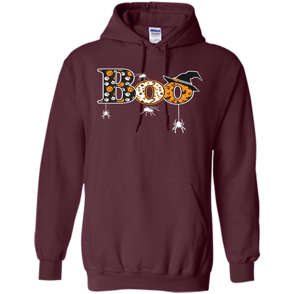 Boo Halloween T-Shirt With Spiders And Witch Hat Maroon
