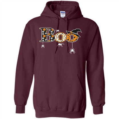 Boo Halloween T-Shirt With Spiders And Witch Hat Maroon