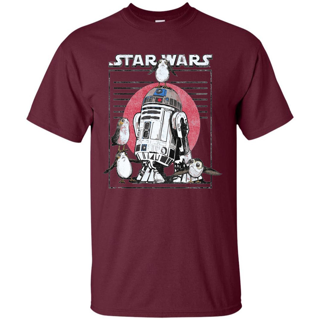 Movie T-shirt Last Jedi Flock Of Porgs Surround R2-D2 T-shirt Maroon
