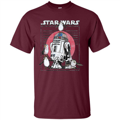 Movie T-shirt Last Jedi Flock Of Porgs Surround R2-D2 T-shirt Maroon