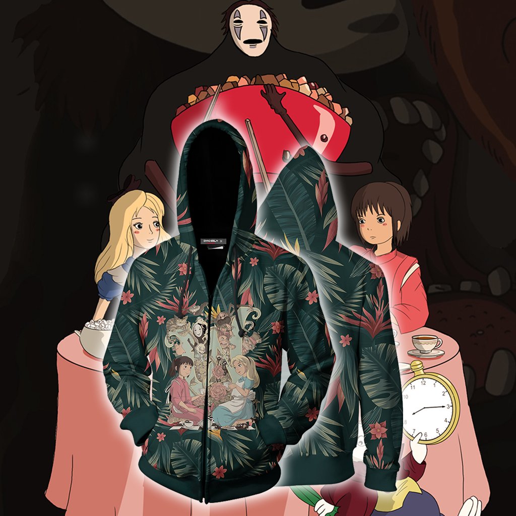Studio Ghibli And Alice In Wonderland Zip Up Hoodie 4XL