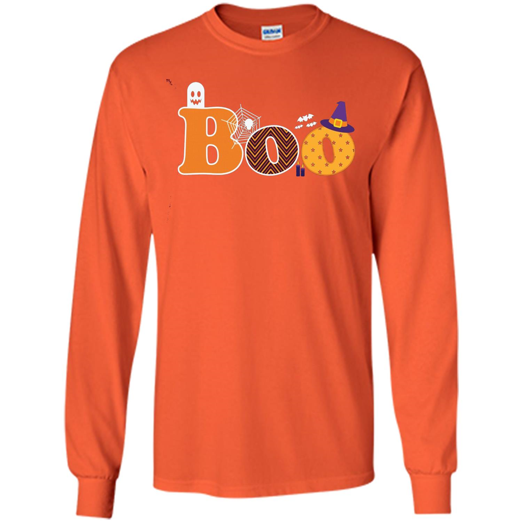 Boo Halloween T-Shirt With Ghost, Spider, Bat and Witch Hat Orange