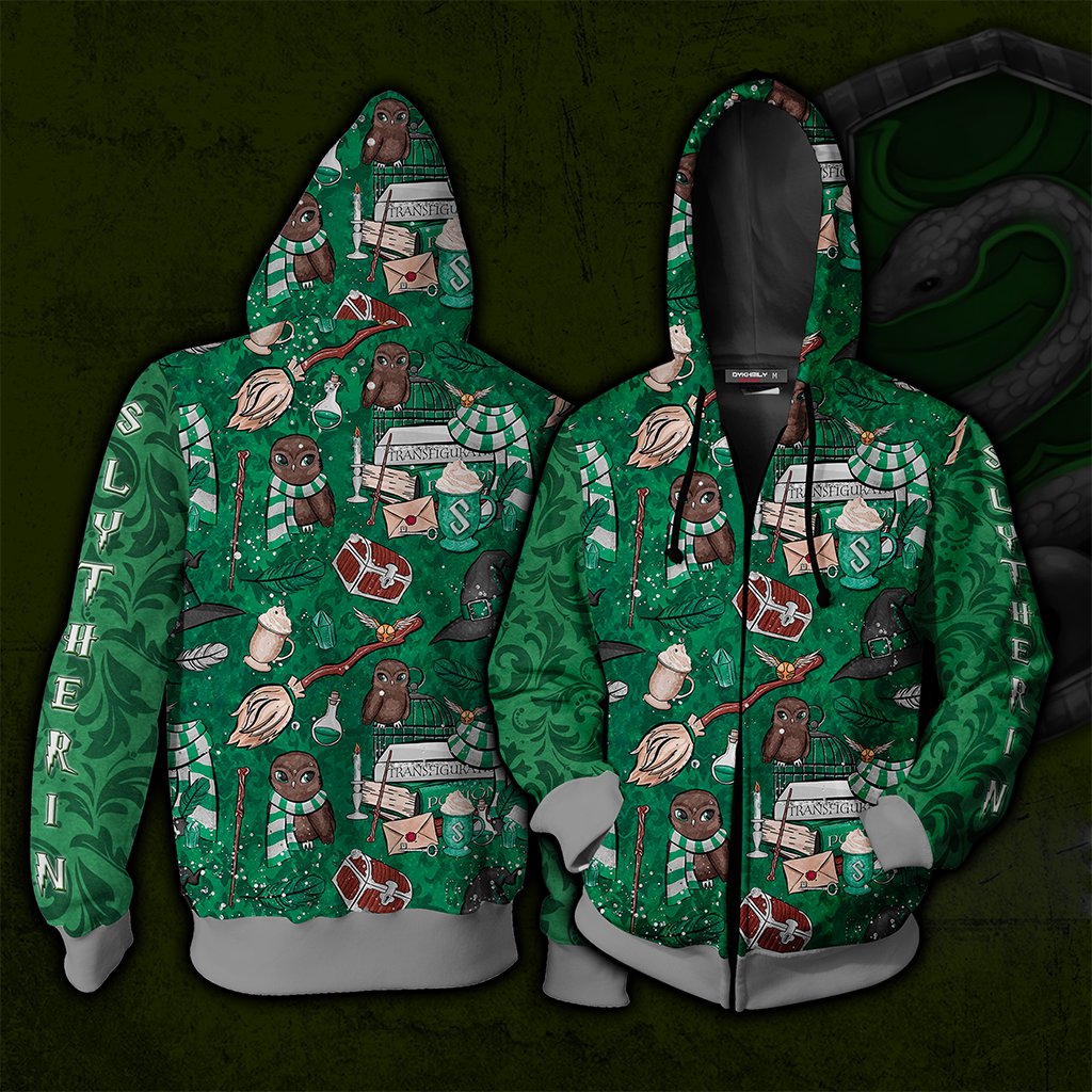 Hogwarts Slytherin House Pattern Harry Potter Zip Up Hoodie 4XL