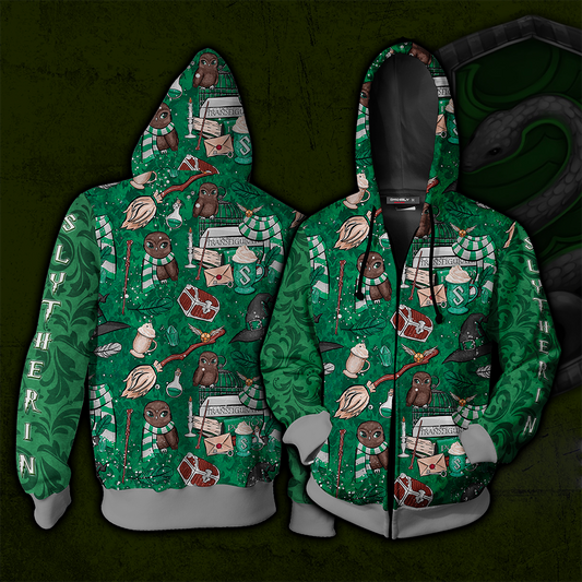 Hogwarts Slytherin House Pattern Harry Potter Zip Up Hoodie 4XL
