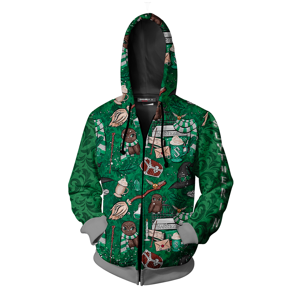 Hogwarts Slytherin House Pattern Harry Potter Zip Up Hoodie