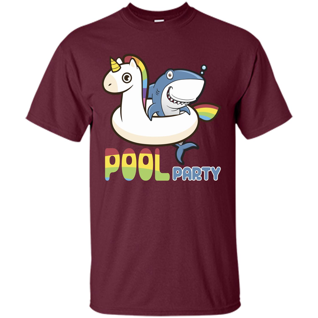 Pool Party T-shirt Unicorn Float Funny Shark Maroon